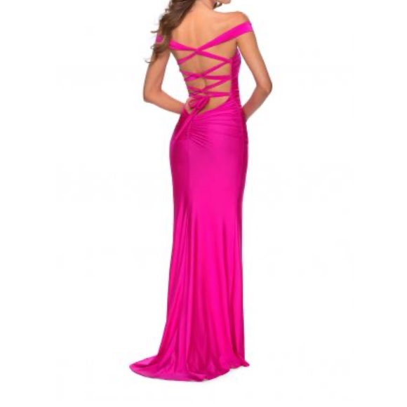 La Femme 28506 Pink Off the Shoulder Dress with Tie Back and Slit Size 6 NWT - Picture 4 of 11
